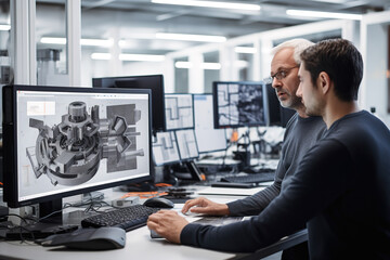 Machine engine development engineers working on prototype component on computer in the modern industrial design laboratory.