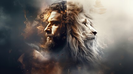 Jesus and lion. Fantasy portrait of a man with a lion