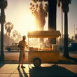 1978 photograph of Man selling hot dogs out of street cart vintage clothing apartment complex in background palm trees cinematic light Portra 400 film warm tones photo taken with contax 645 medium 