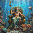 Poseidon on his throne. Underwater. Ancient Greek mythology. Supreme sea god. Neptune the king of the sea, oceans and sailors. Olympian god. Atlantis. Illustration. Generative AI.