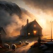 Amidst the mountainous landscape the sun peeks through the clouds casting a warm glow over rustic houses and fields of sheep The mist and fog create a mysterious ambiance and the sound of barking 