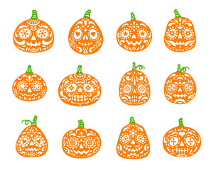 Wall Mural - Halloween or Dia de Los Muertos party mexican pumpkin characters. Pumpkin ornate faces, Halloween holiday Jack o lanterns carvings or Mexican Day of the Dead isolated vector smiling sugar skulls set