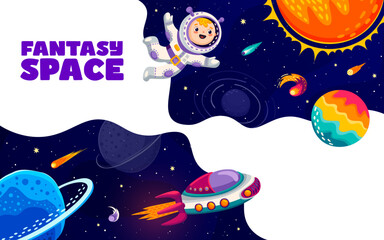 Wall Mural - space landing page, cartoon kid astronaut in spaceship and space planets, vector website template ba