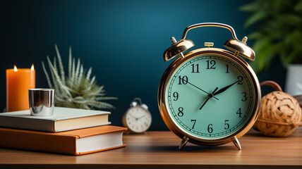 Wall Mural - vintage alarm clock and stack of books on the table