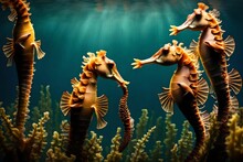 A Group Of Seahorses Holding Onto Seaweed.