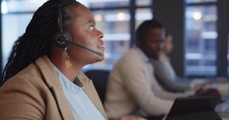 Wall Mural - Call center, office and black woman with customer service, sales agent and communication. African person, employee or worker with headset, tech support and connection with telemarketing, help or crm