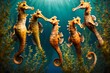 A group of seahorses holding onto seaweed.
