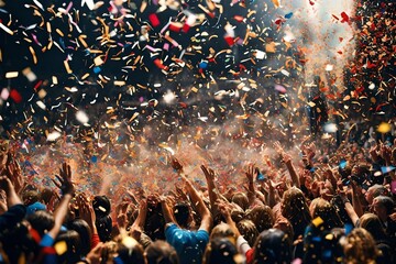Wall Mural - a colorful scene of confetti falling on a jubilant crowd at a New Year's Eve party.