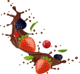 Realistic chocolate milk splash with berries, sweet dessert or choco drink vector background. Strawberry, blackberry and cranberry berry in milk chocolate splashing wave for milkshake or ice cream