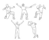 Fototapeta Młodzieżowe - cricket players cheering and celebrating action figure line art illustrations