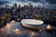 a rooftop terrace with a  tub and panoramic city views.