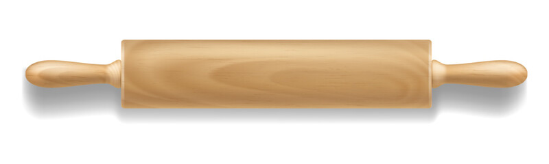 Rolling pin isolated 3d vector mockup. Realistic kitchen utensil used to roll out and flatten dough for baking made of wood with two handles on either end and a cylindrical shape, for creating bakery