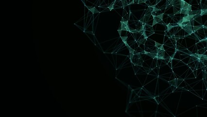 Green abstract background with connection lines, dots and triangles. Technology of network connection. Digital structure of particles. 3D rendering.