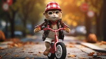 A Teddy Bear Riding A Red Tricycle Down A Street