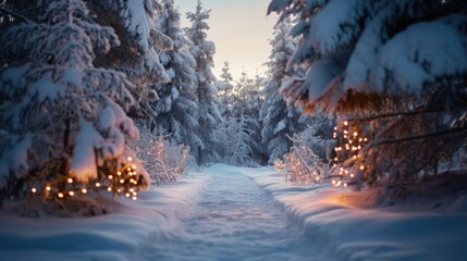 Poster - A snowy path with christmas lights in the trees