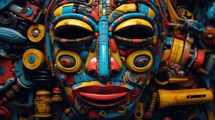 Poster - A close up of a colorful mask on display