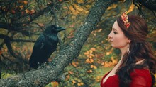 Art Portrait Fantasy Sexy Dark Queen Woman In Green Forest Hand Touching Bird Gothic Pet North Black Huge Raven . Creative Clothing Fairy Tale Red Dress Creative Design Crown On Head Red Hair Fly Wind
