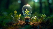 Saving Energy And Environment.  Tree Growth In Light Bulb For Saving Ecology Energy Nature. Eco And Technology Concept