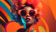 Afro pop fashion woman model with sunglasses. Black fashwave retro futurism girl with strong face expression. Vibrant colors for makeup, hairstyle and background. Extravagant beauty.