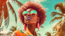 Afro African American Summer Fashion Woman With Sunglasses. Sunny Day, Palm And Blue Sky Background At Miami Beach. Black Fashwave Girl With Strong Face Expression. Black History Month Of Black People