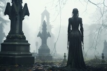The Silhouette Of A Woman Dressed In Black Amid The Misty Atmosphere Of A Cemetery