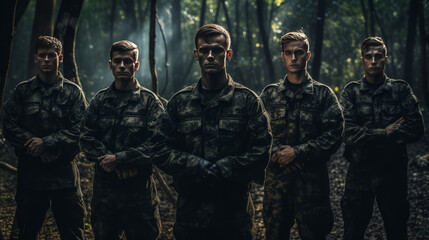 Wall Mural - Group of young soldiers in military uniform standing in a forest.generative ai