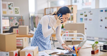 Poster - Ecommerce, Asian woman with phone call and tech, typing and checking sales and work at fashion startup. Online shopping, boxes and small business owner with tablet, laptop and networking for orders.