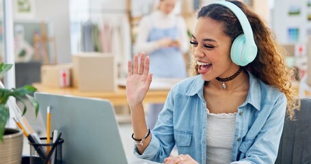 Canvas Print - Video call, wave and woman in small business on laptop with customer or virtual communication in fashion studio. Entrepreneur, talking or crm service, online meeting and chat with ecommerce clients