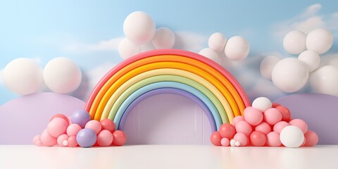 Wall Mural - Generative AI, rainbow and colorful balloons. Birthday party 3d background. Mockup, template for greetiing card	

