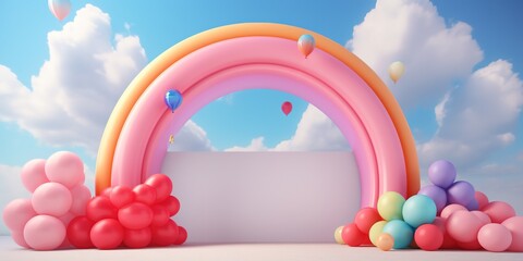 Wall Mural - Generative AI, rainbow and colorful balloons. Birthday party 3d background. Mockup, template for greetiing card	
