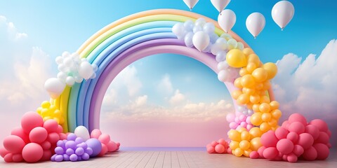 Wall Mural - Generative AI, rainbow and colorful balloons. Birthday party 3d background. Mockup, template for greetiing card	
