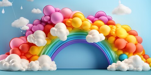 Wall Mural - Generative AI, rainbow and colorful balloons. Birthday party 3d background. Mockup, template for greetiing card	
