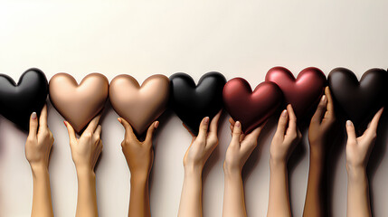 Diverse group of hands holding hearts. Love for everyone on Valentine's Day