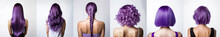 Various haircuts for woman with purple dyed color hair - long straight, wavy, braided ponytail, small perm, bobcut and short hairs. View from behind on white background. Generative AI