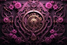 Background With Steampunk Elements In Pink And Purple Tones. Gothic Creative Backgrounds With Vintage Retro Clock