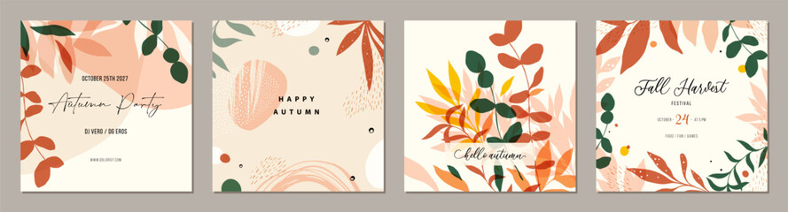 Universal floral Autumn square abstract templates. Suitable for social media posts, mobile apps, cards, invitations, banners design and web, internet ads. 