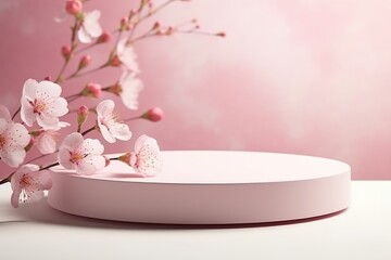 Wall Mural - Product podium with spring flowers in pink pastel colors for product presentation. Mockup for branding, packaging