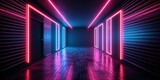 Fototapeta Do przedpokoju - Modern Dark Room with Glowing Neon Lines with Retro 80s Style. Futuristic Interior with Laser Effect