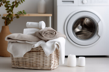 Washing machine in the bathroom next to the laundry service. Household chores. Housework