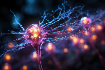 Wall Mural - A close-up of a synapse firing, illustrating the transmission of signals between brain cells. Concept of neural communication. Generative Ai.