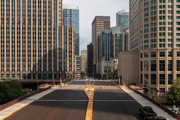 Wall Mural - Aerial panoramic city view of Chicago downtown area at sunset, Illinois, USA. Bird's eye view of skyscrapers at financial district, skyline. A vibrant business neighborhood.