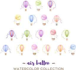  hot Air Balloon with garlands watercolor hand drawn illustration perfect for baby prints, kid posters, home decor, invitations in cute colors collection