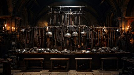 Inside a medieval castle's armory, hyper - realistic, detailed shot of weapons, shields, and armor on wooden racks, illuminated by torchlight