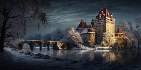 Wall Mural - Winter scene of a medieval castle, covered in snow, icy moat, dramatic moonlight filtering through clouds