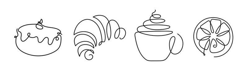 Continuous one line drawing croissant, lemon, donut, hot drink cup. Tea ceremony, tea pastries. Baking shop Logo concept. Hand drawn pastries by one line. Pastry line sketch. Fashionable trend vector