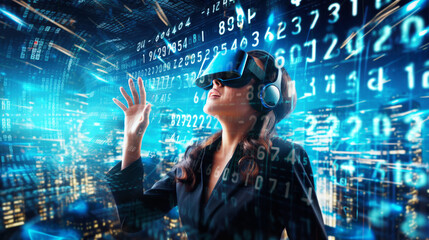 Wall Mural - business woman wearing a VR headset immerses herself in the world of virtual reality