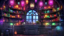 Lofi Cozy Magic Shop With Brightly Colored Potions, Mysterious Rising Smoke, Magical Sparkles, And Moving Eyeball. Looping. Animated Background. VJ / Vtuber / Streamer Backdrop. Seamless Loop.