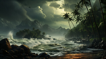 Canvas Print - Gloomy tropical stormy ocean on the tropic shore