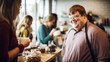 Portrait of man with Down syndrome serving visitors in cafe. Inclusive Job. Banner.