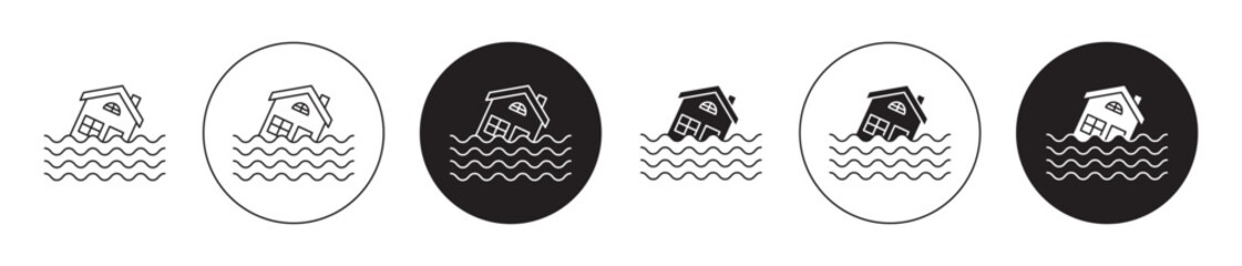 Wall Mural - Flooded house icon set. river flood disaster vector symbol. hurricane home sign in black filled and outlined style.